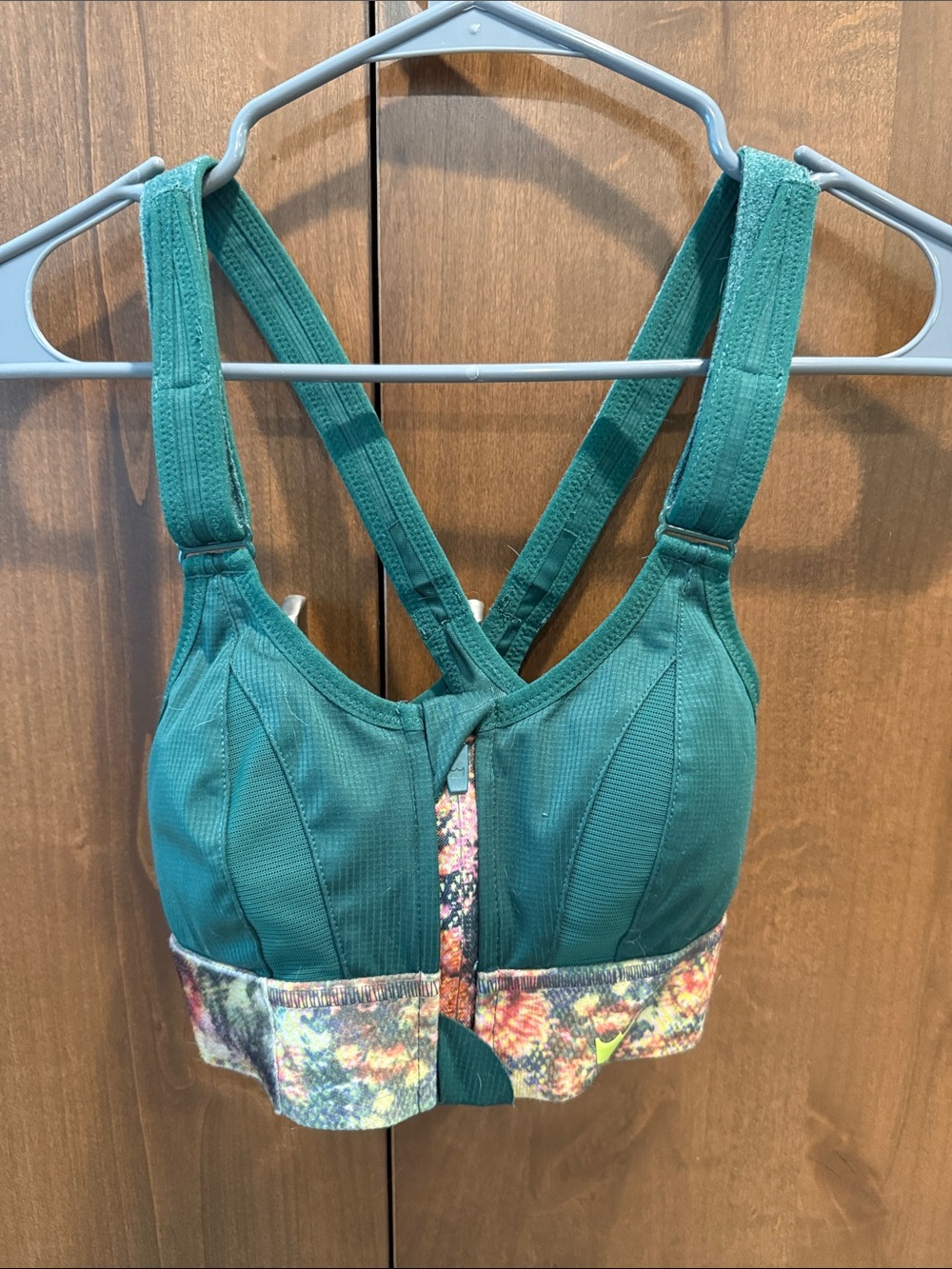 SHEFIT Ultimate Green Front-Zip Support Sports Bra with Floral Band